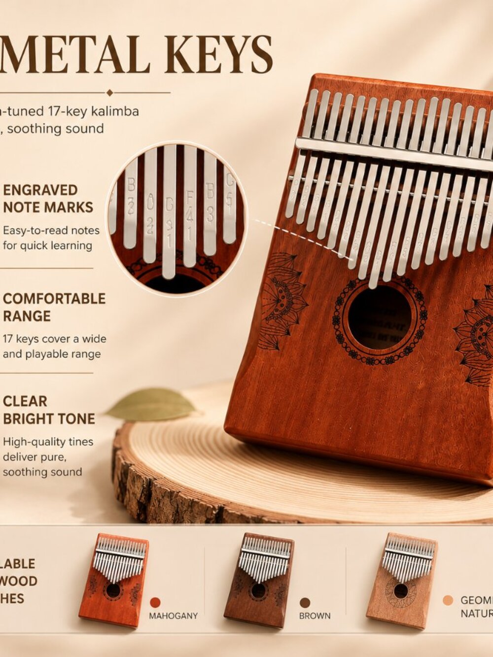 17 Key Mahogany Kalimba Lotus Design Wooden Thumb Piano Gift - Picture 4 of 10